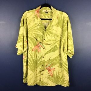 Tommy Bahama Hawaiian Shirt Men L 100% Silk Short Sleeve Green Bird Of Paradise